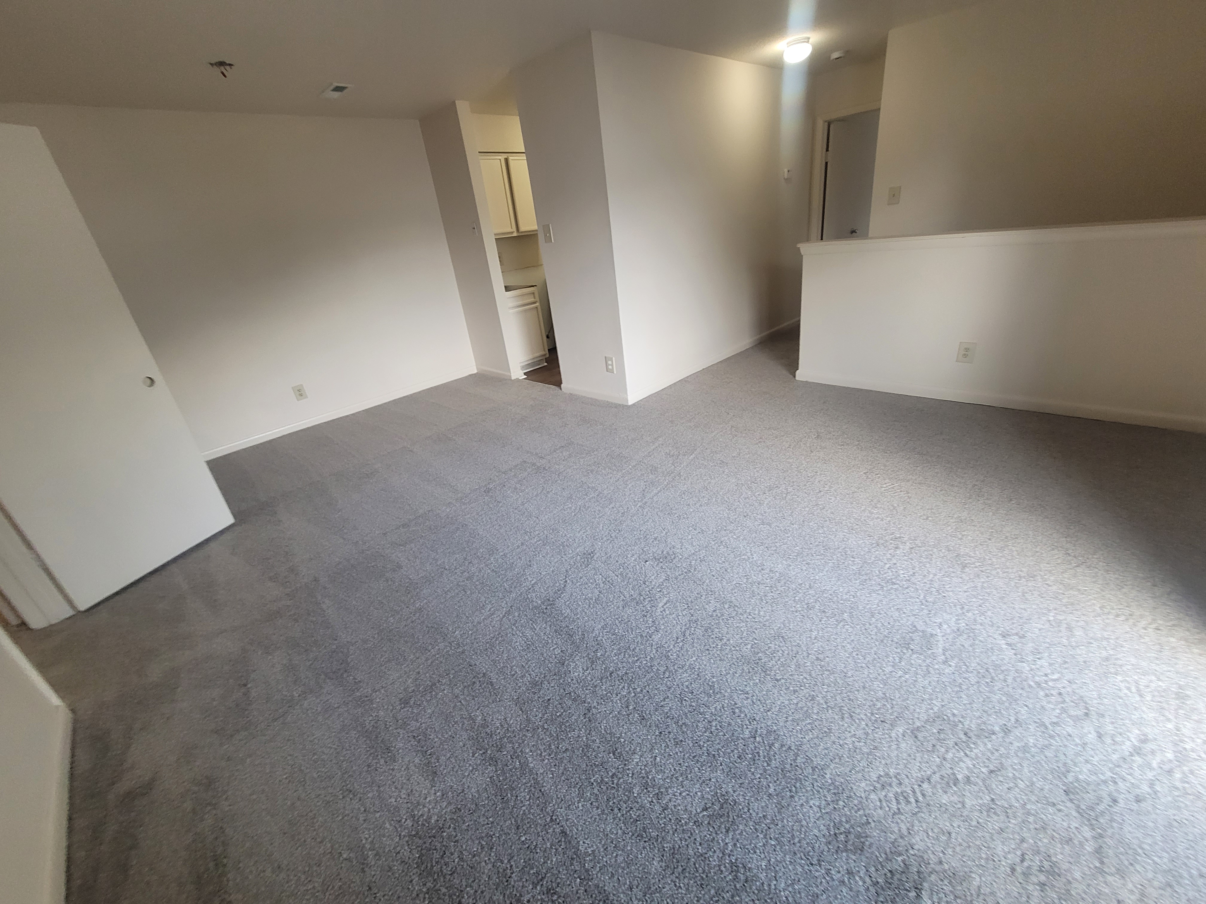 Low pile patterned commercial carpet squares inside a contemporary open office complex.